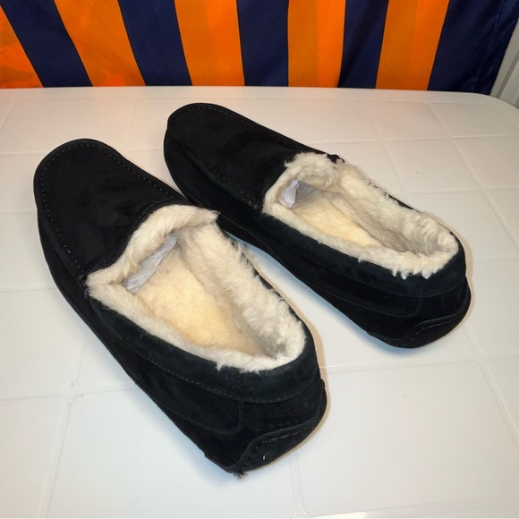 UGG Australia Mens ASCOT Leather Suede Sheepskin Slippers Shoe BLACK size 10